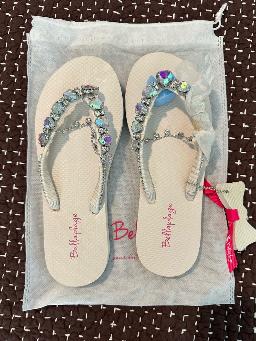 Embellished White Flip Flop Sandals with Iridescent Gems and chain detail